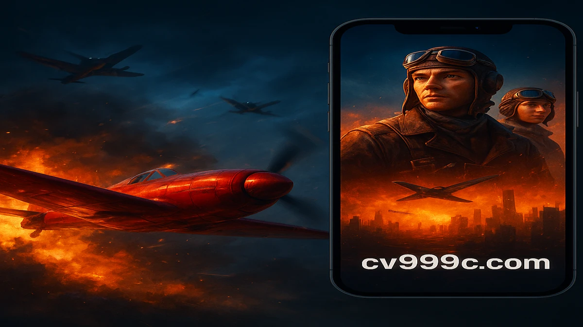 cv999-এ এভিয়েটর গেমের প্রচারণামূলক চিত্র, যেখানে লাল প্রপেলার বিমানটি বিস্ফোরণময় ভূদৃশ্যের ওপর উড়ছে, ডান পাশে মোবাইল গেম ইন্টারফেসটি দেখা যাচ্ছে।