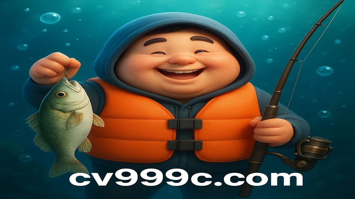 cv999-এ উপলব্ধ Big Bass মাছধরার থিম-গেমটির কার্টুন চরিত্রটি পানির নিচে একটি মাছ ও একটি মাছ ধরার রডকে গর্বভরে ধরে রয়েছে।