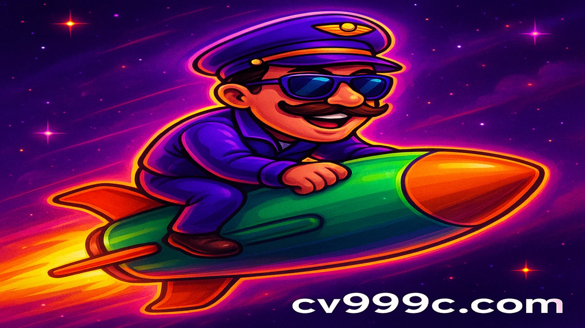 cv999 প্ল্যাটফর্মে প্রচারিত JetX ধরনের জনপ্রিয় গেমটির জন্য একটি স্টাইলাইজড চরিত্র, যার গোঁফ ও চশমা রয়েছে, একটি রকেটে চড়ে নক্ষত্র-গ্যালাক্সি জুড়ে ভ্রমণ করছেন।