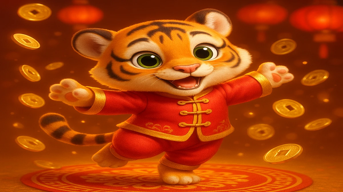 cv999-এ Fortune Tiger নামে একটি গেমের মিষ্টি কার্টুন মুখ্য চরিত্রটি সোনা মুদ্রার বর্ষণ ও ভাগ্যবান লাল লণ্ঠনের আলোয় একটি মার্শাল আর্টস-ভঙ্গি ধারণ করছে।